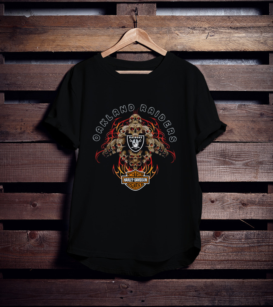 Oakland Raiders Harley Davidson Motorcycles Skulls And Flames T-Shirt