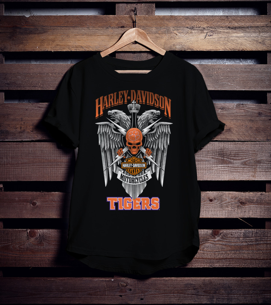 Harley Davidson Motorcycles Clemson Tigers Skull Wings T-Shirt