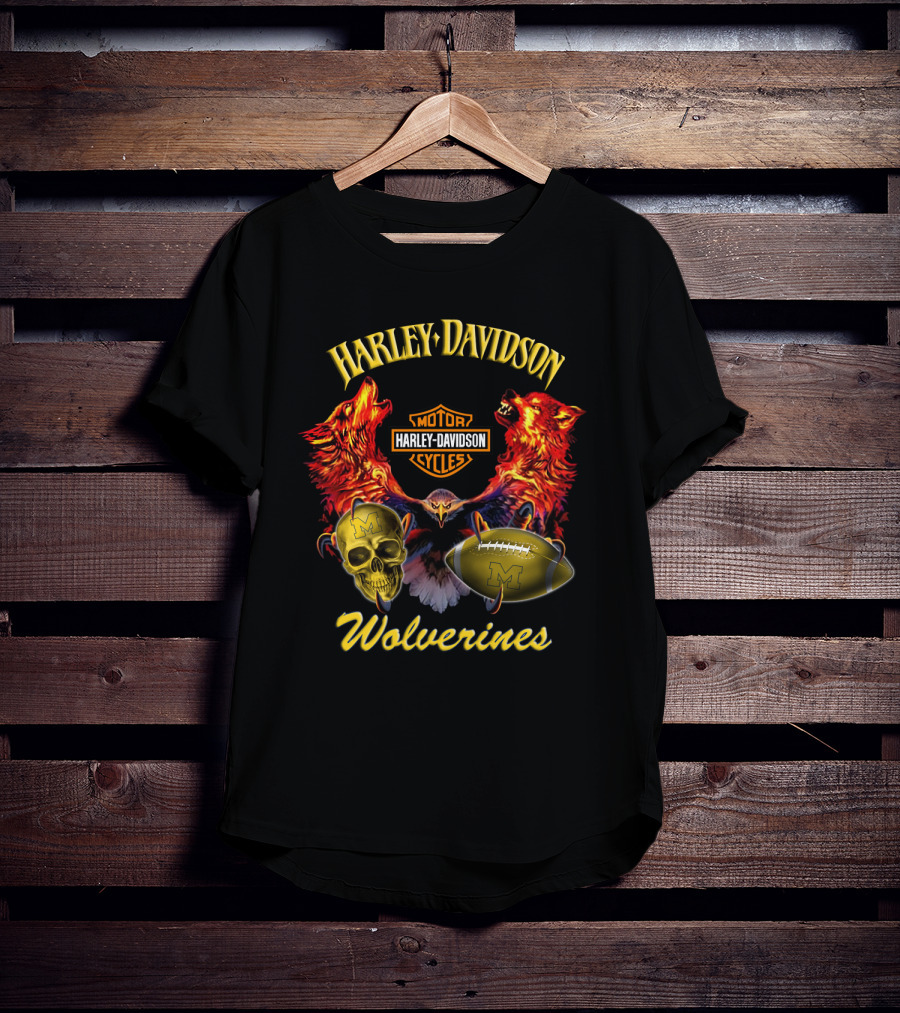 Harley Davidson Motorcycles Wolverines Football Skull T-Shirt