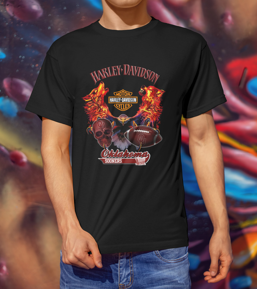 Harley Davidson Oklahoma Sooners Wolves Eagle Skull Football T-Shirt
