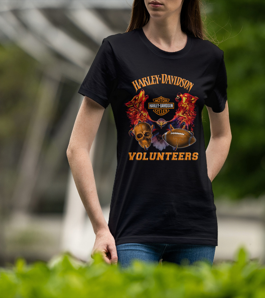 Harley Davidson Motor Cycles Tennessee Volunteers Wolves Skull Football T-Shirt