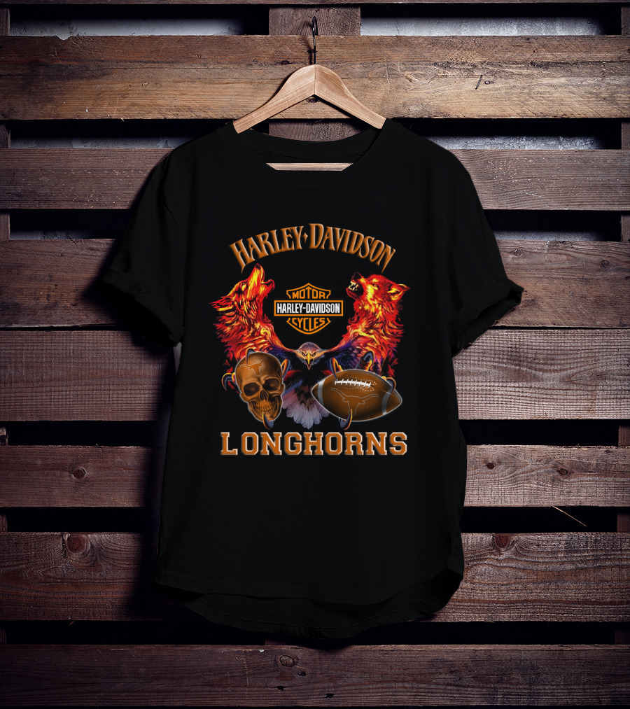 Harley Davidson Longhorns Texas Football Wolves Skull And Motorcycle T-Shirt