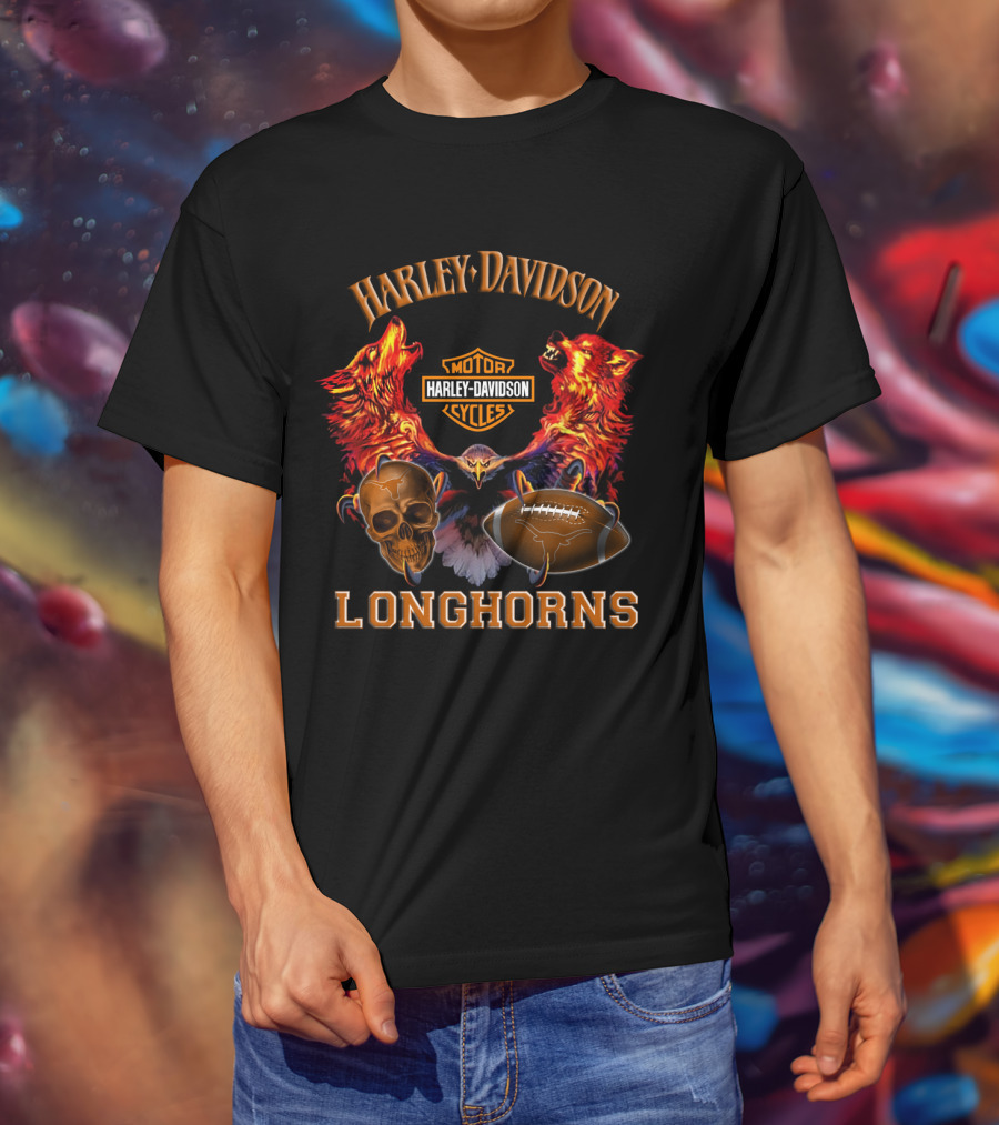 Harley Davidson Longhorns Texas Football Wolves Skull And Motorcycle T-Shirt