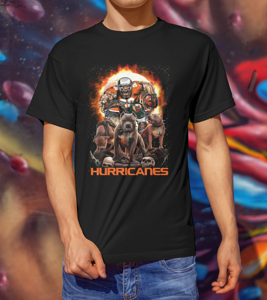 Hurricanes Dh 49 Miami Football Dogs And Skull Action Scene T-Shirt