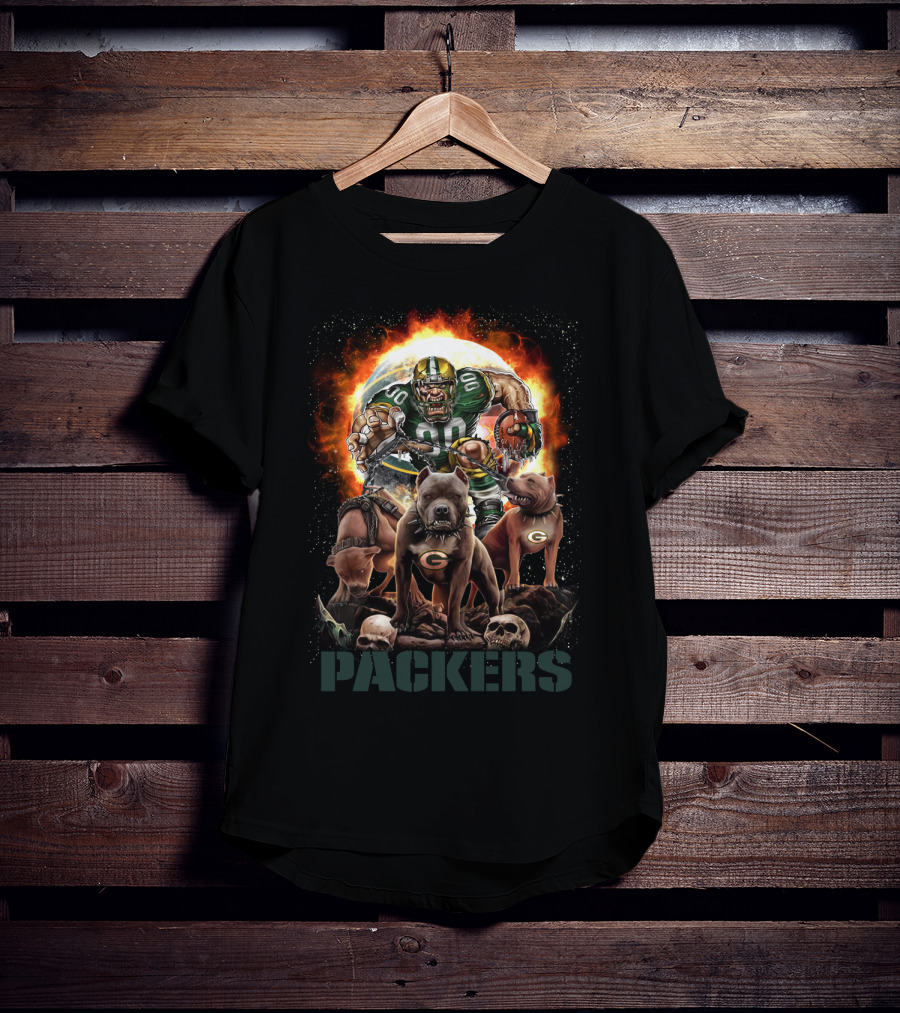 Packers Fierce Football Warrior With Dogs And Flaming T-Shirt