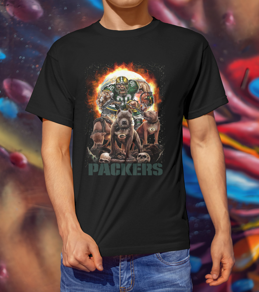 Packers Fierce Football Warrior With Dogs And Flaming T-Shirt