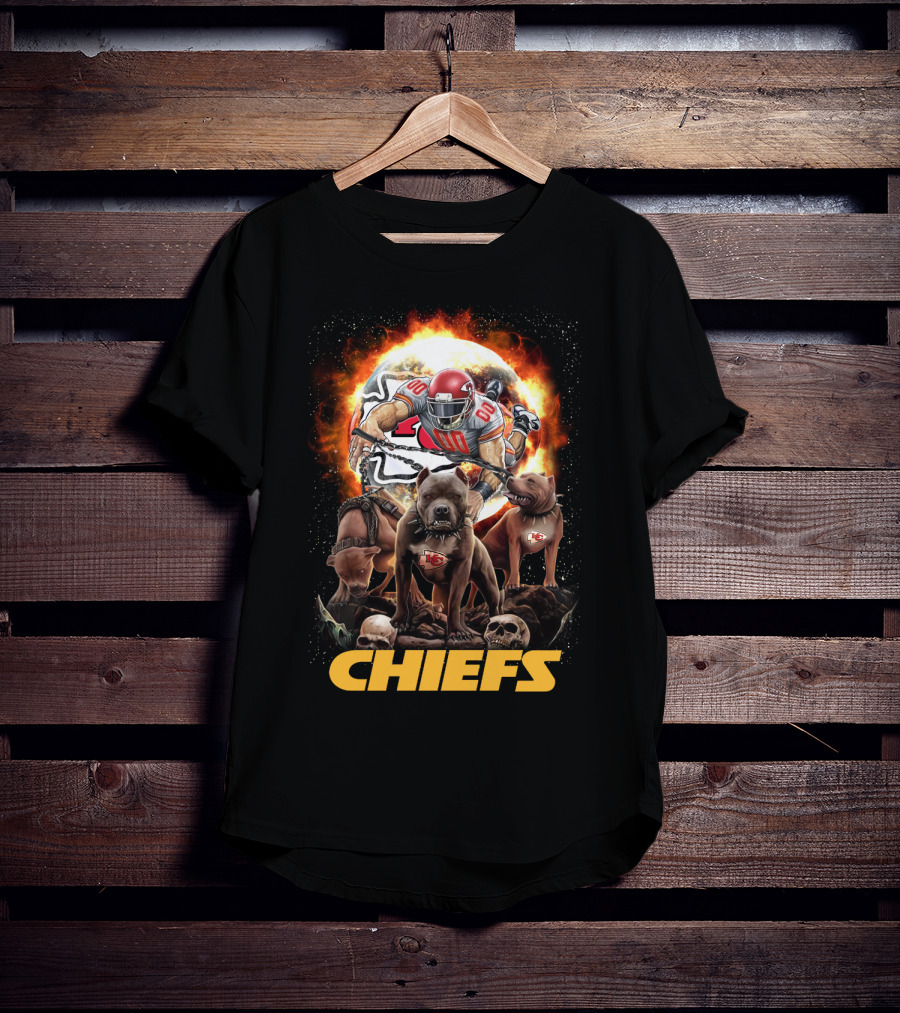 Chiefs Football Player With Dogs And Fiery T-Shirt