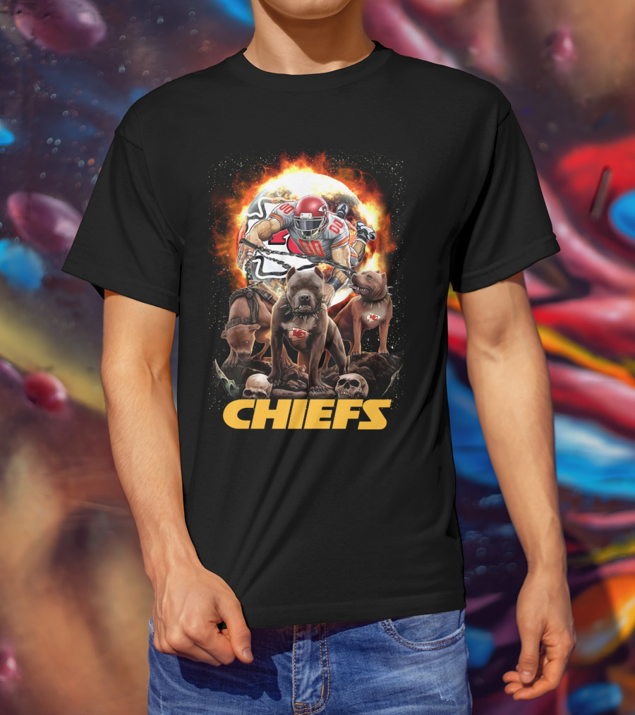 Chiefs Football Player With Dogs And Fiery T-Shirt