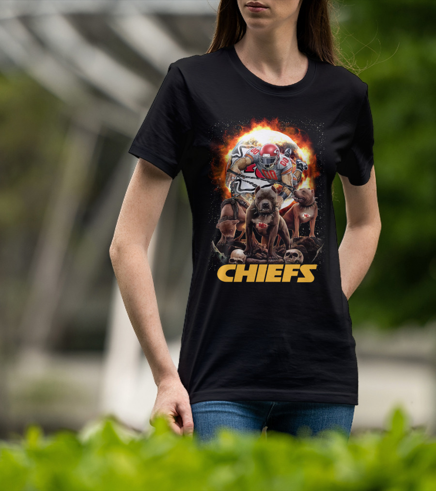 Chiefs Football Player With Dogs And Fiery T-Shirt
