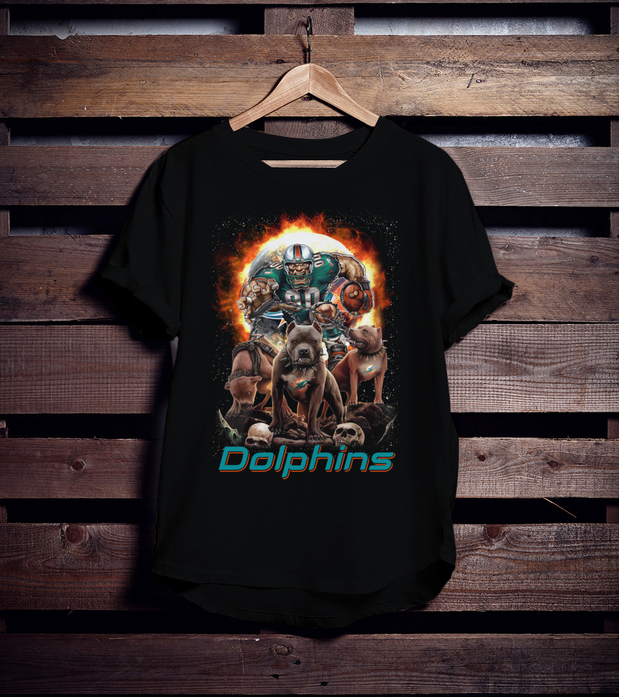 Miami Dolphins Dh 49 Md Comic Style Power Play With Dogs And Football T-Shirt