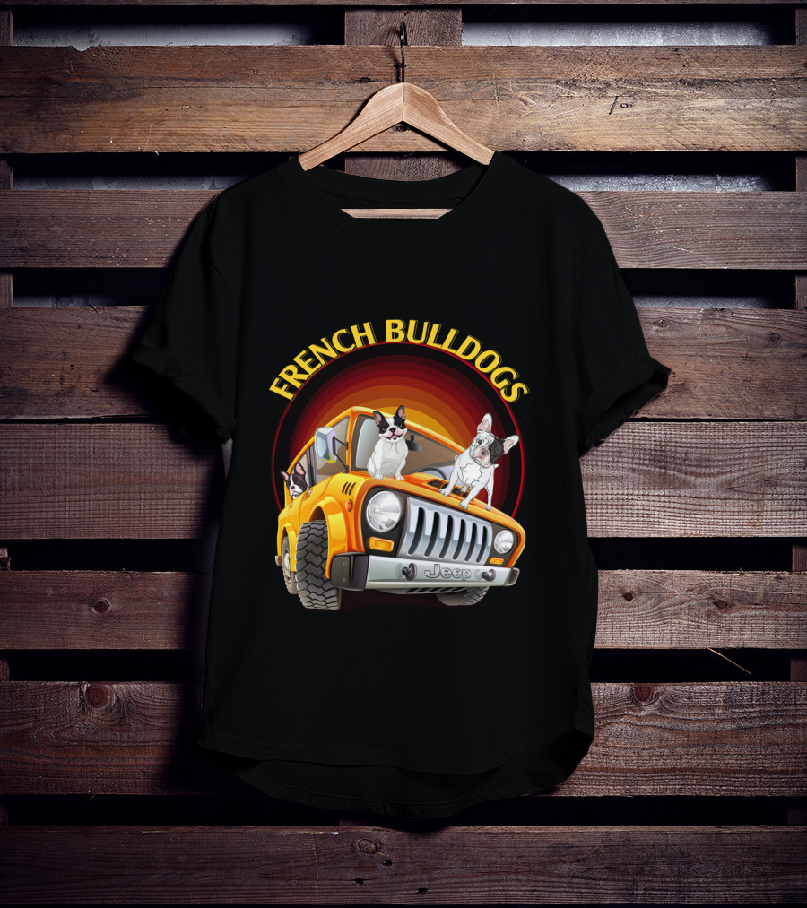 French Bulldogs In Orange Jeep T-Shirt