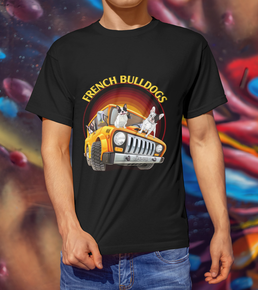 French Bulldogs In Orange Jeep T-Shirt