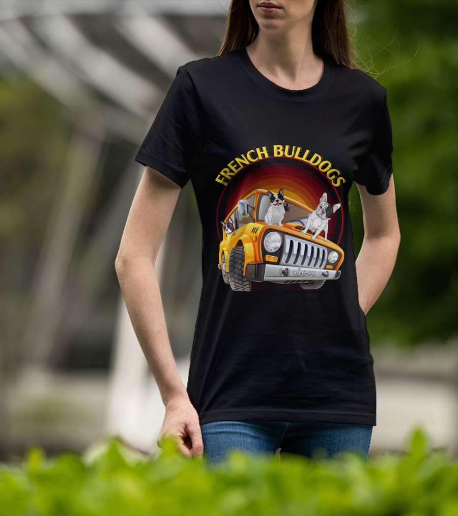 French Bulldogs In Orange Jeep T-Shirt