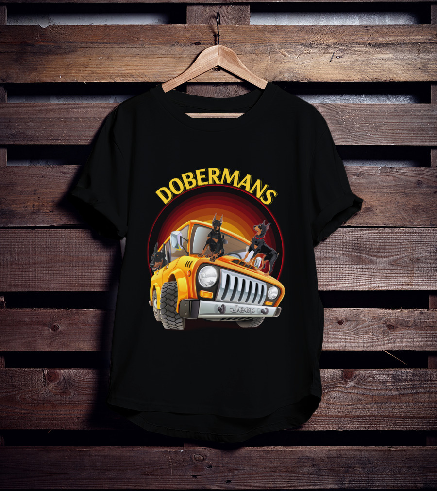 Dobermans Riding Yellow Jeep Adventure T-Shirt