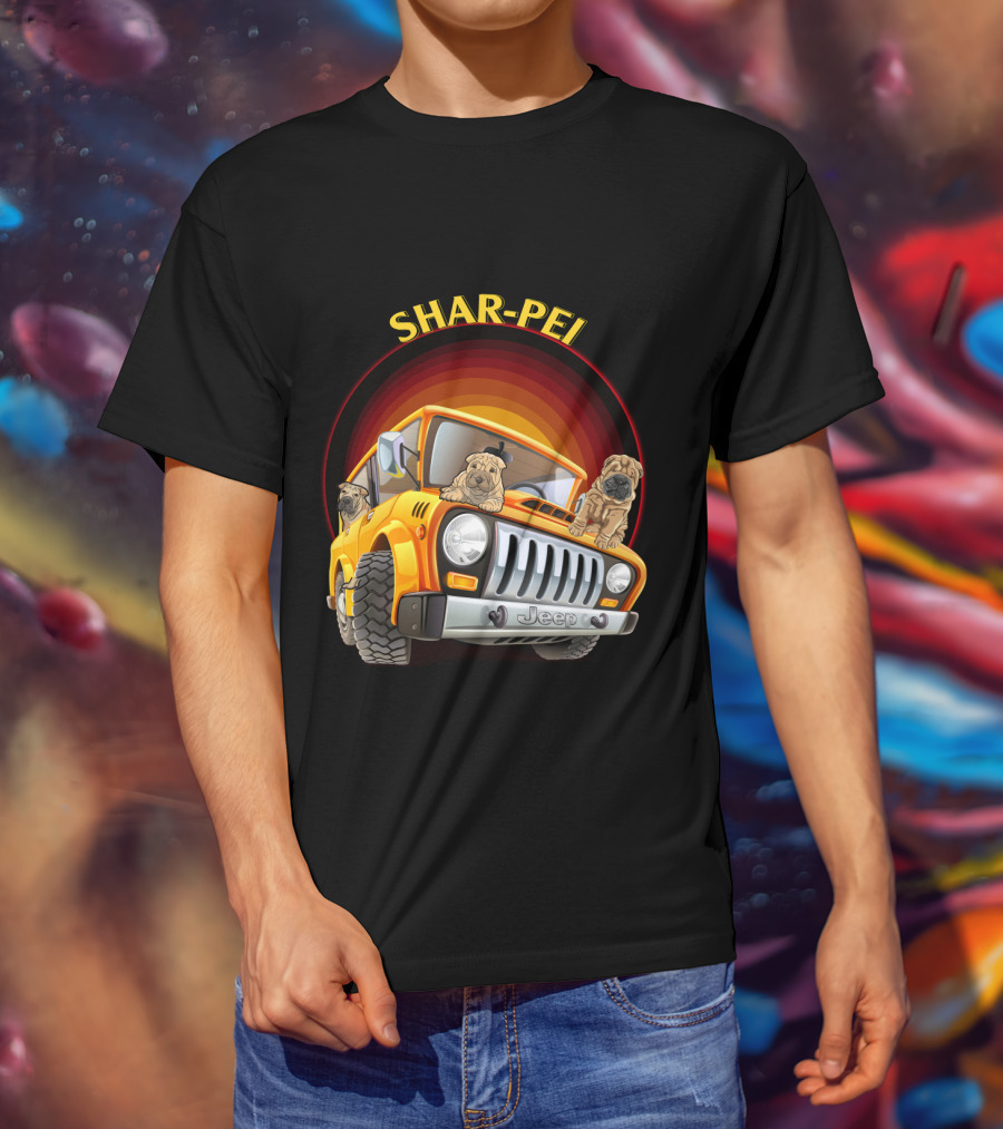 Shar-Pei Jeep Orange With Three Puppies T-Shirt