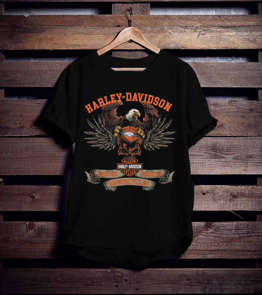 Harley Davidson Denver Broncos Motorcycles Eagle Skull T-Shirt