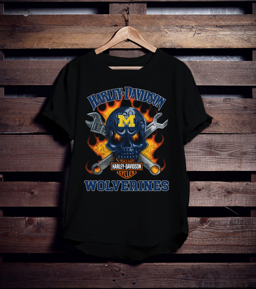 Harley Davidson Michigan Wolverines Skull Flames T-Shirt
