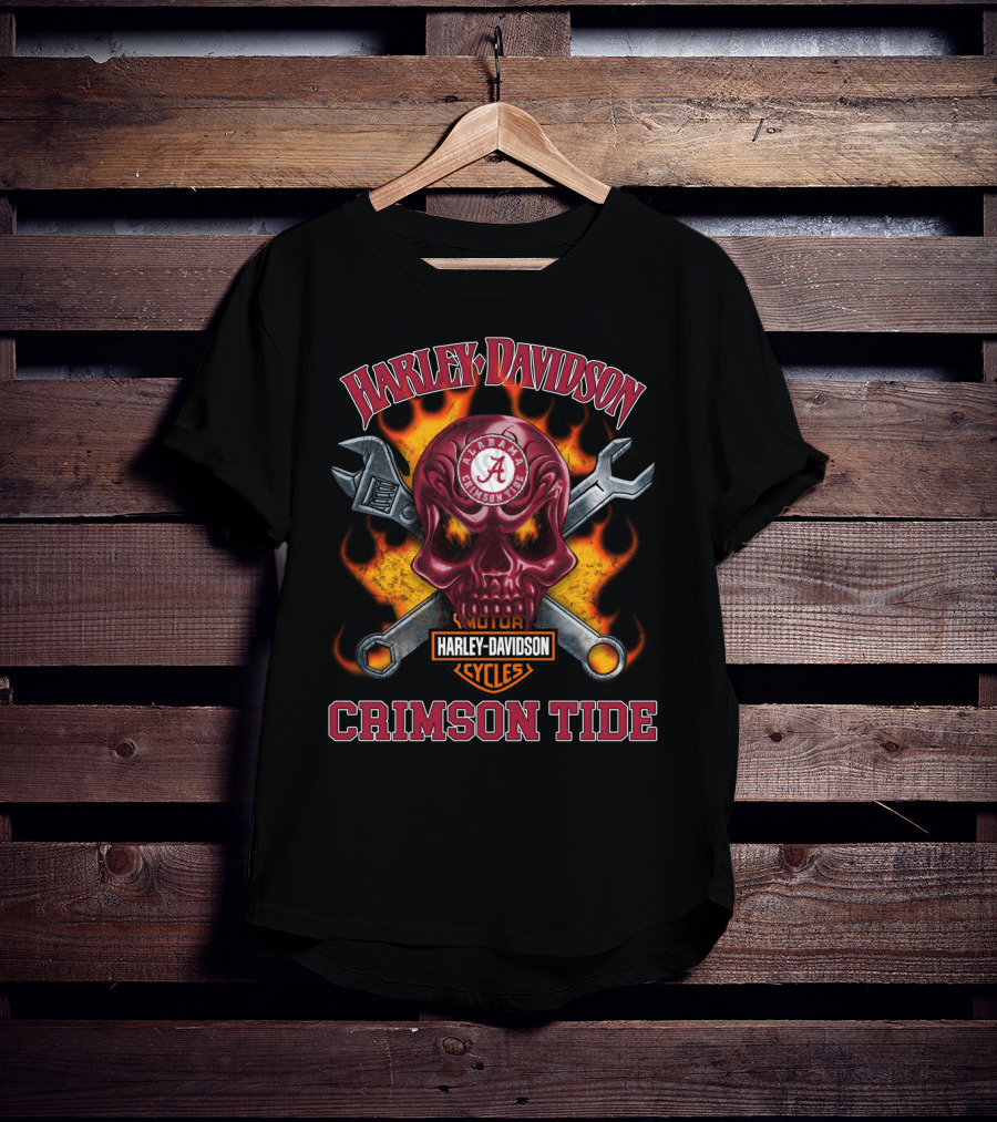 Harley Davidson Alabama Crimson Tide Skull With Wrenches And Flames T-Shirt