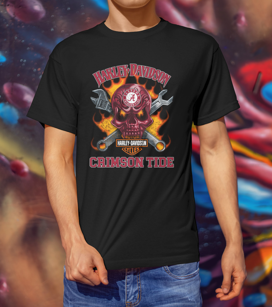 Harley Davidson Alabama Crimson Tide Skull With Wrenches And Flames T-Shirt