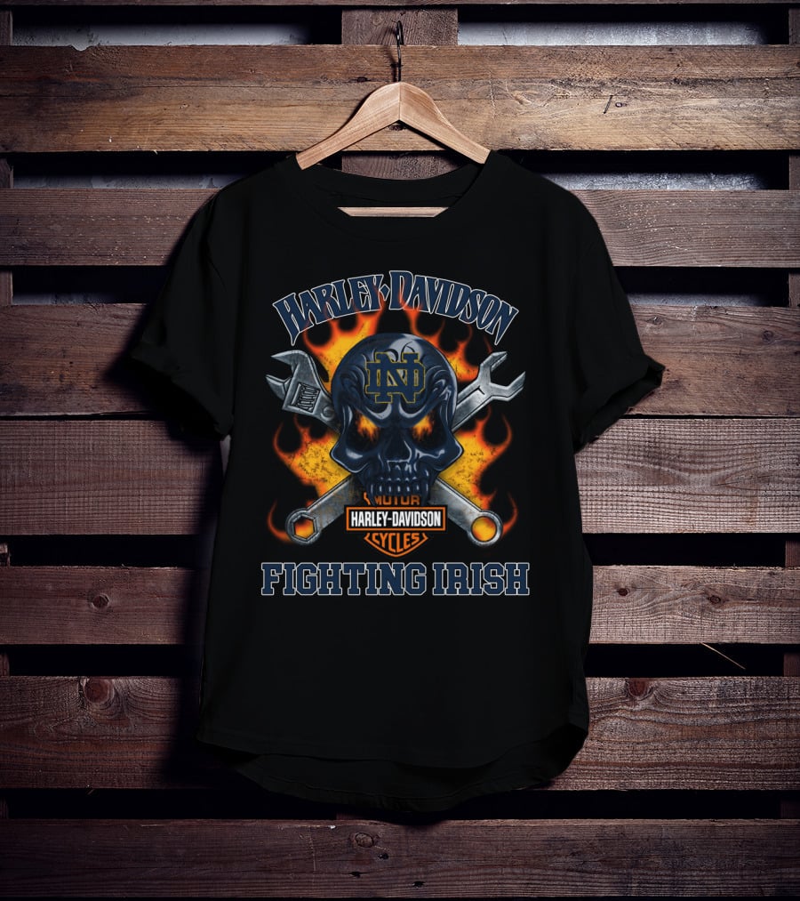 Harley Davidson Fighting Irish Notre Dame Nd Skull Wrench Flames T-Shirt