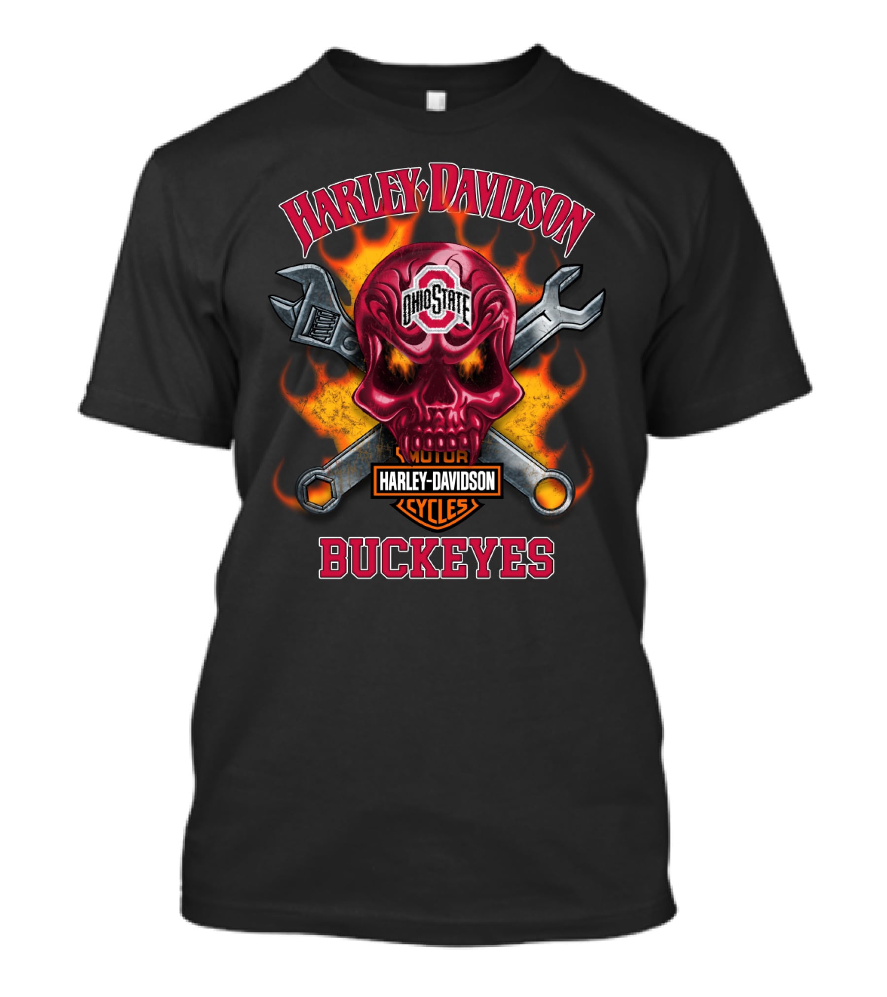 Harley Davidson Ohio State Buckeyes Skull Flames And Tools T-Shirt