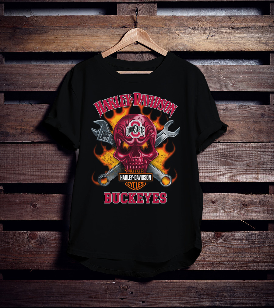 Harley Davidson Ohio State Buckeyes Skull Flames And Tools T-Shirt