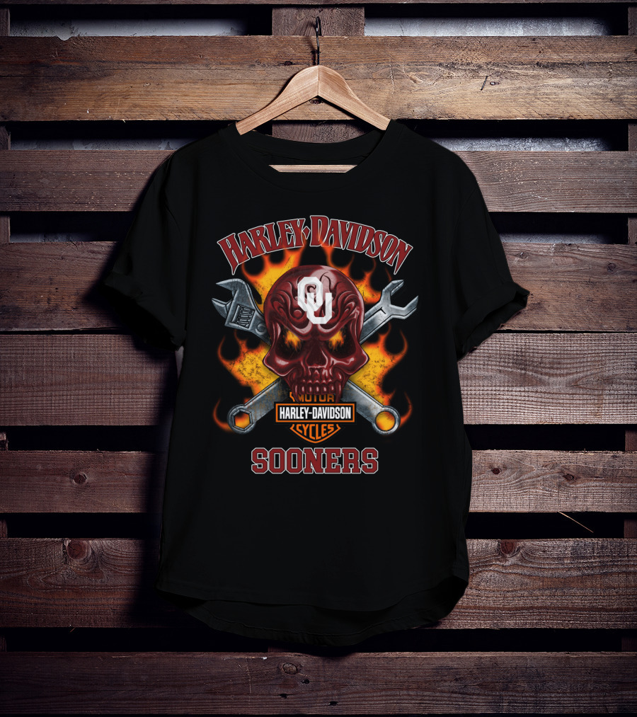Harley Davidson Motor Cycles Oklahoma Sooners Ou Skull Wrenches Flames T-Shirt