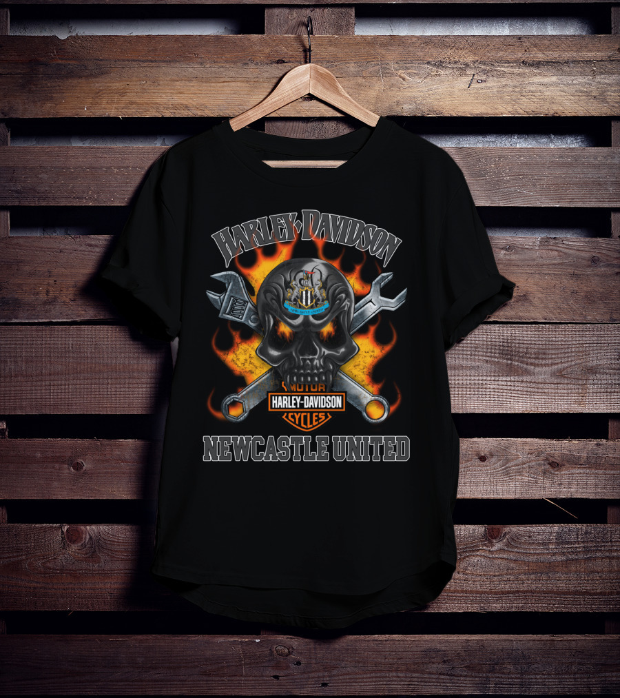 Harley Davidson Motor Cycles Skull Flames Newcastle United T-Shirt