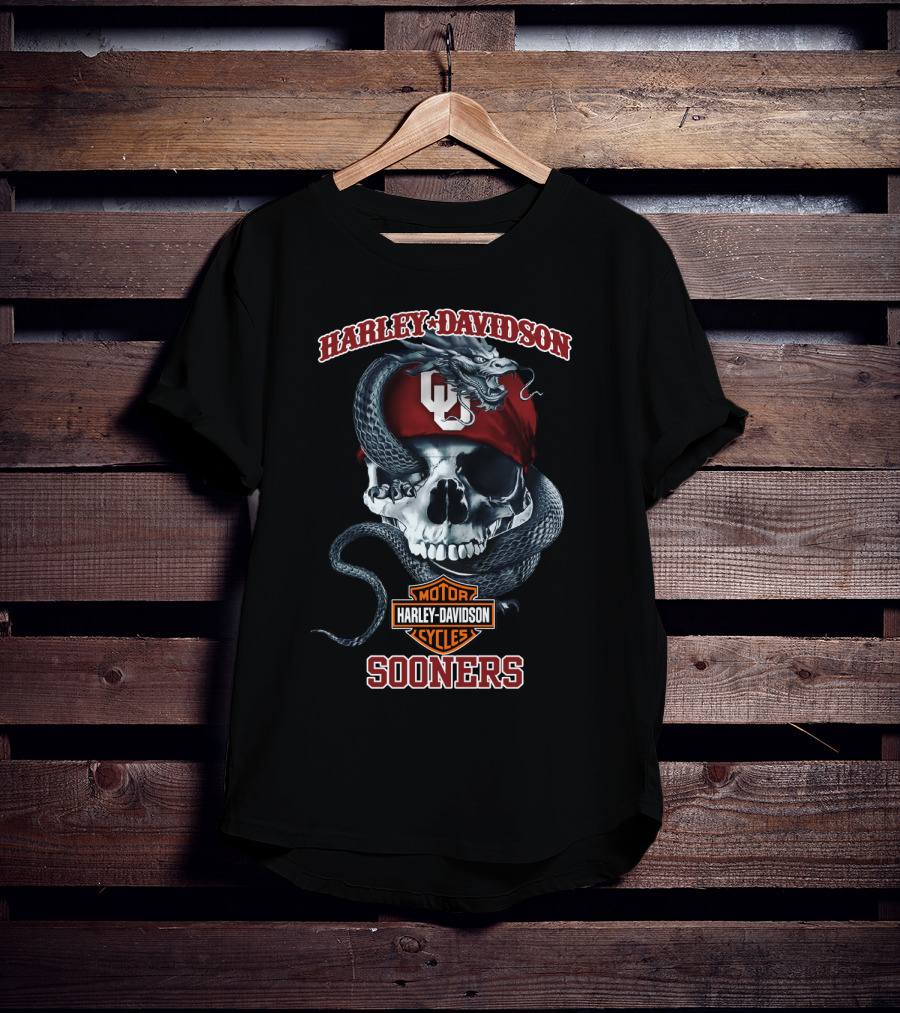 Harley Davidson Oklahoma Sooners Skull With Snake And Ou Cap T-Shirt