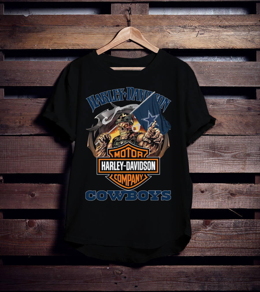 Harley Davidson Motor Company Cowboys Dallas Flag Skeleton T-Shirt