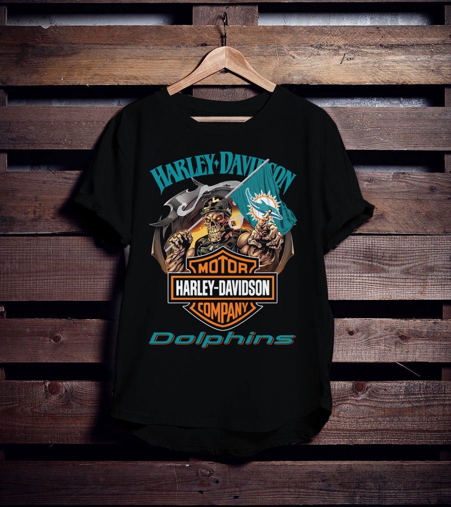 Harley Davidson Miami Dolphins Skeleton Holding Flag T-Shirt