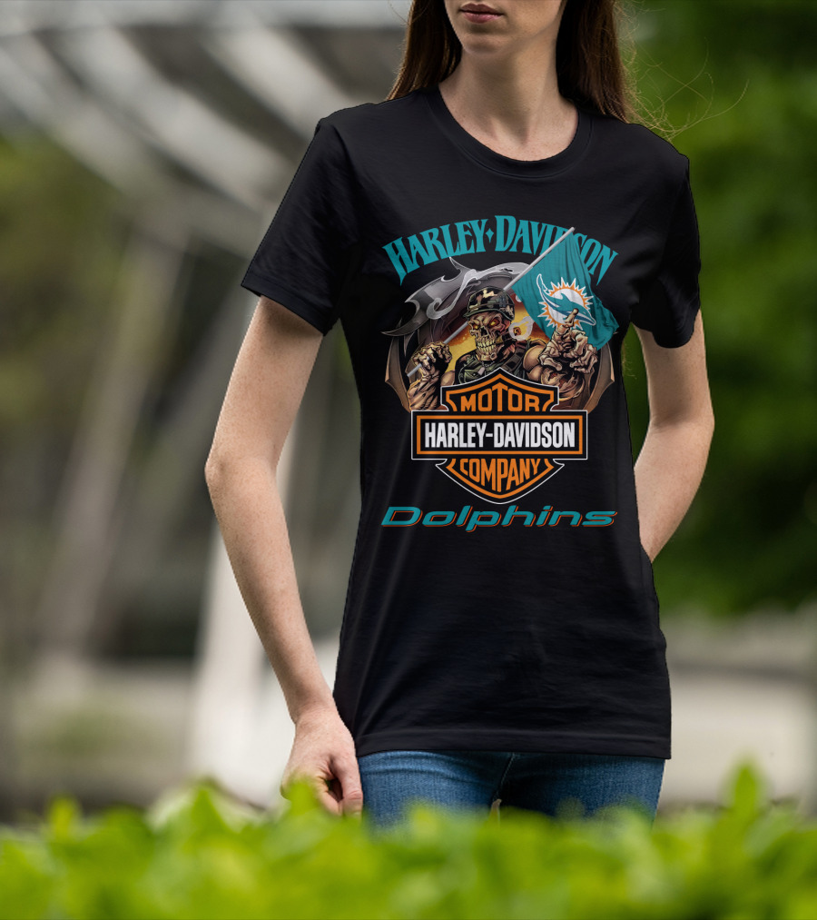 Harley Davidson Miami Dolphins Skeleton Holding Flag T-Shirt