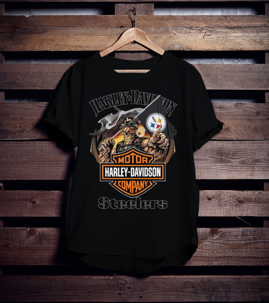 Harley Davidson Company Steelers Skull Holding Pittsburgh Flag T-Shirt