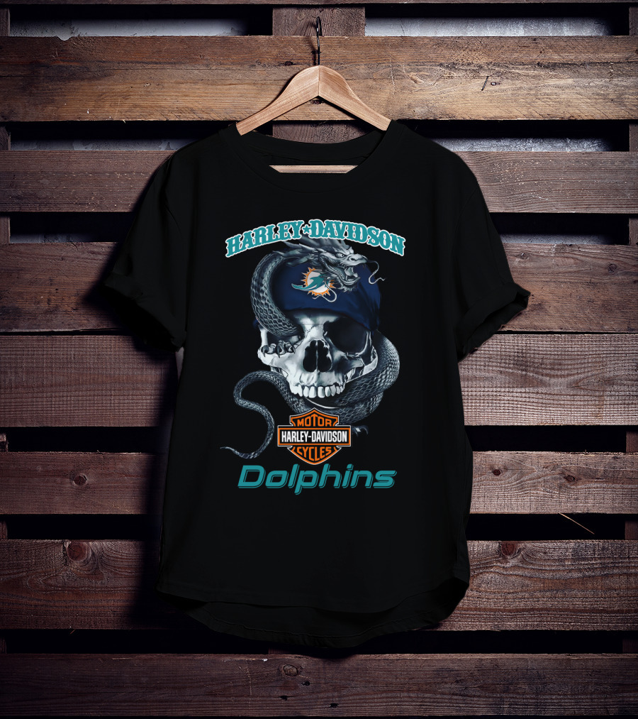 Harley Davidson Motor Cycles Miami Dolphins Skull T-Shirt