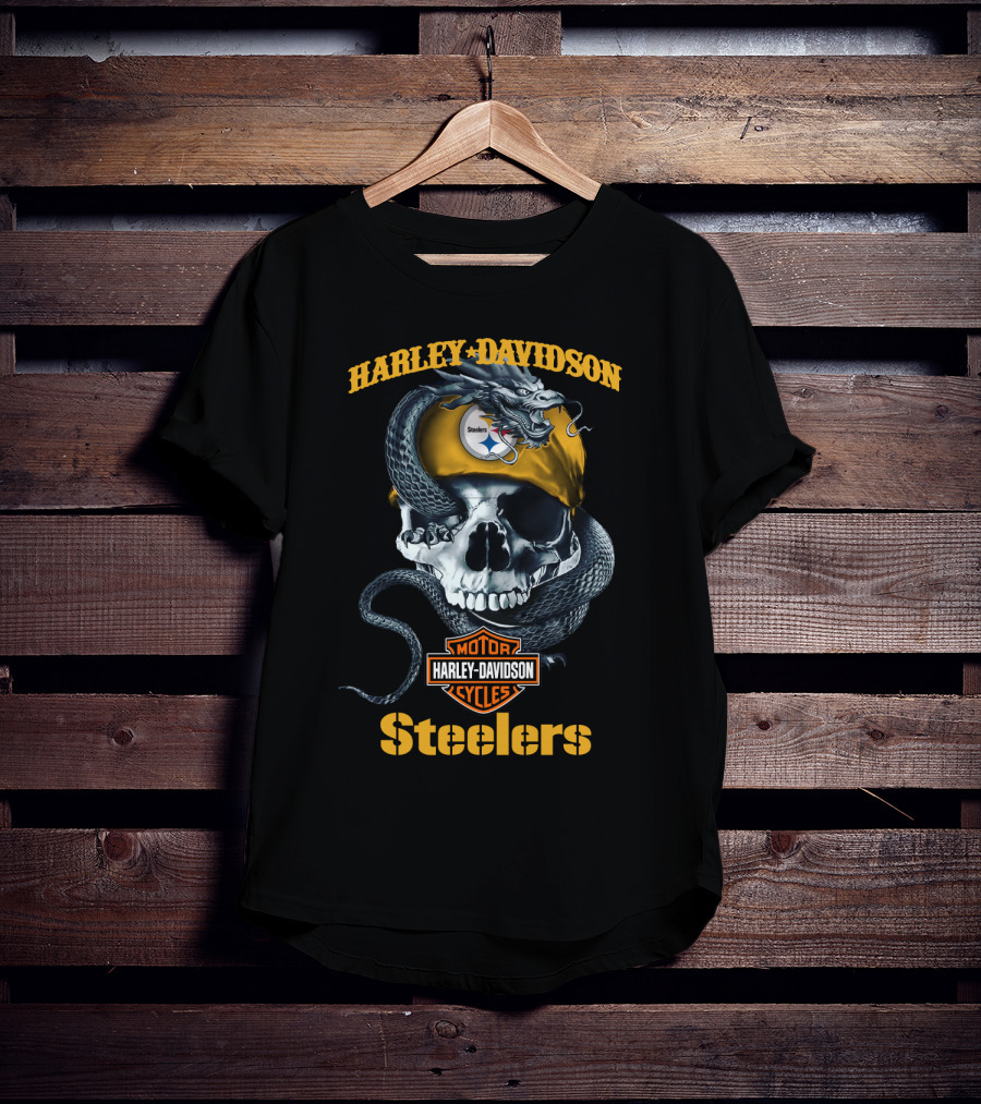 Harley Davidson Steelers Skull With Snake And Helmet T-Shirt