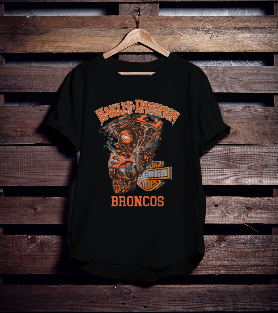 Harley Davidson Broncos Denver Broncos Motorcycle Engine Skull T-Shirt