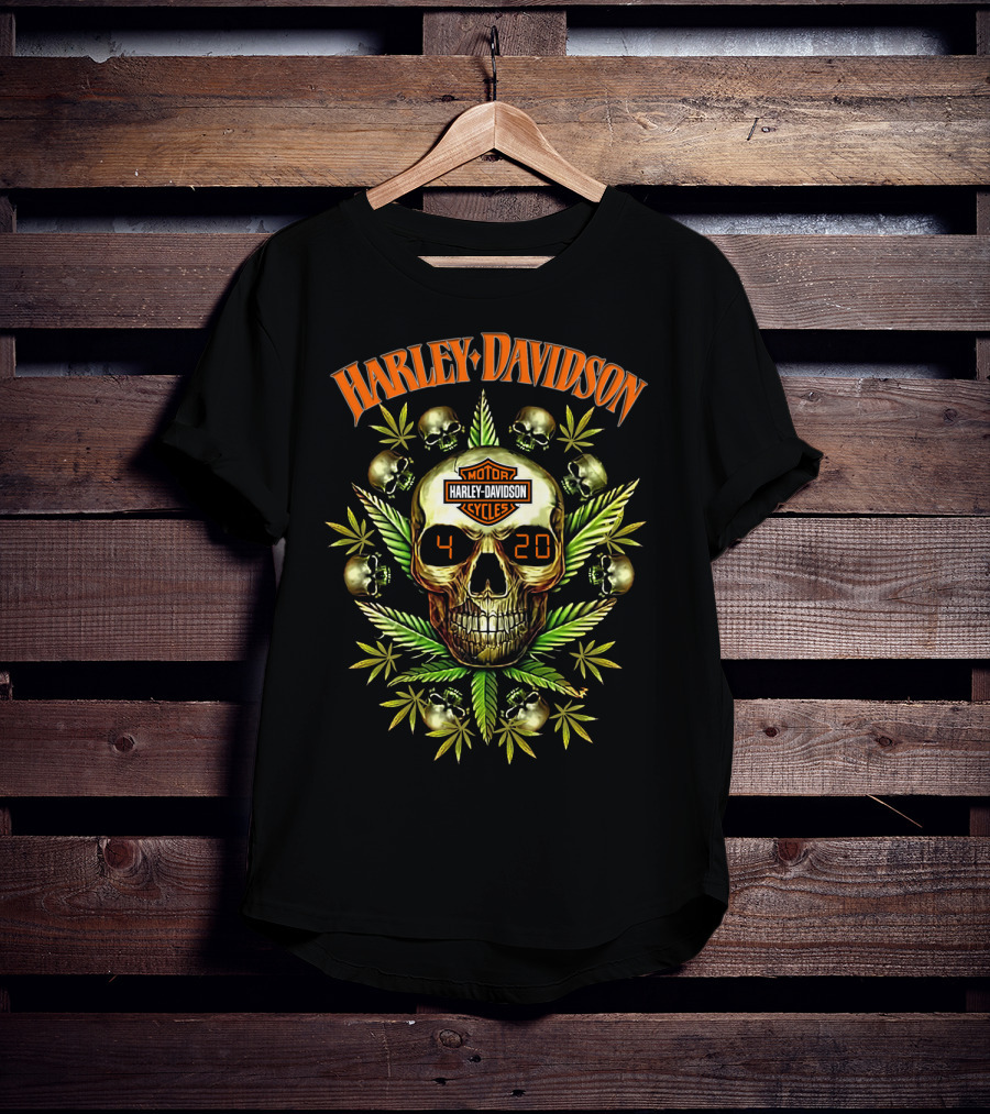 Harley Davidson Skull 420 Motor Cycles Leaf Skulls T-Shirt