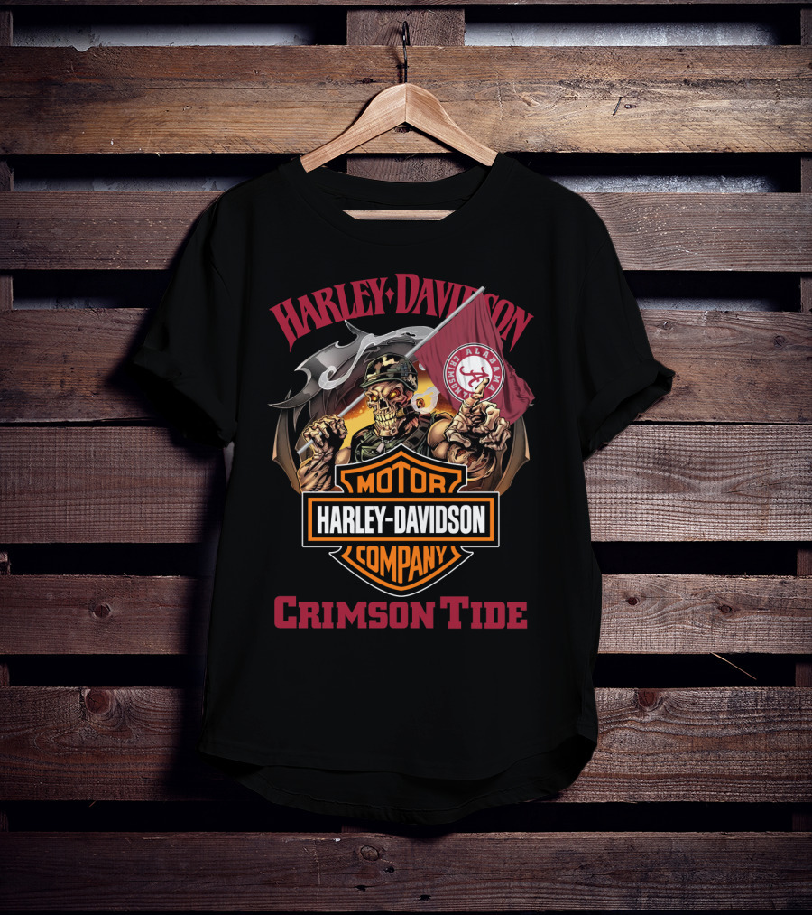 Harley Davidson Motor Company Crimson Tide Alabama Flag Skeleton T-Shirt