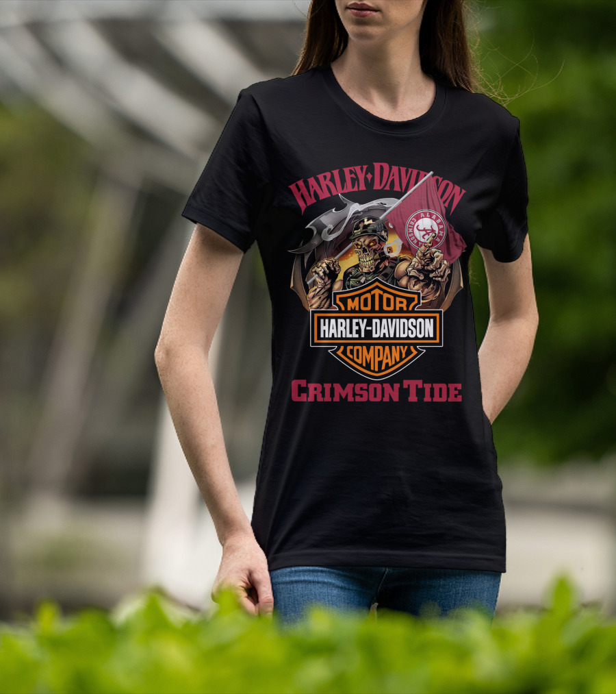 Harley Davidson Motor Company Crimson Tide Alabama Flag Skeleton T-Shirt
