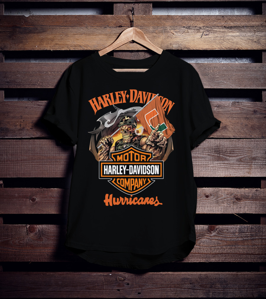 Harley Davidson Motor Company Miami Hurricanes Skeleton Flag T-Shirt