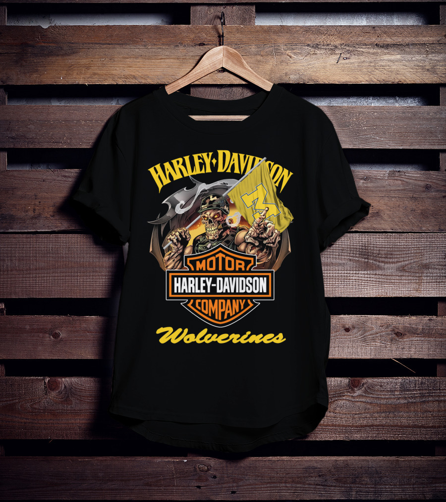 Harley Davidson Motor Company Michigan Wolverines 69 Flag Skeleton T-Shirt