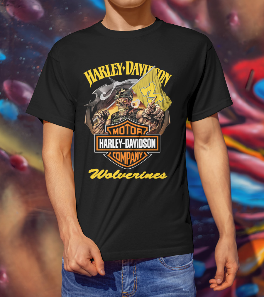 Harley Davidson Motor Company Michigan Wolverines 69 Flag Skeleton T-Shirt