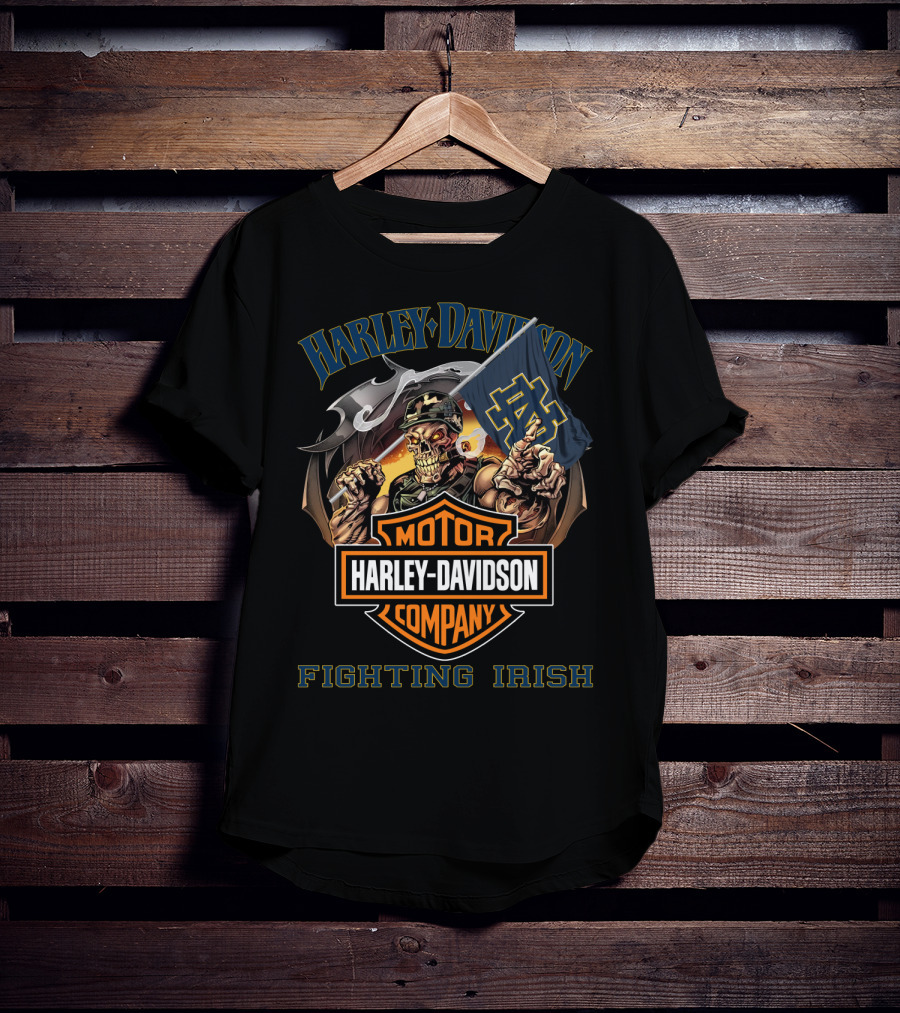 Harley Davidson Company Fighting Irish Notre Dame Flag Skeleton Rider T-Shirt