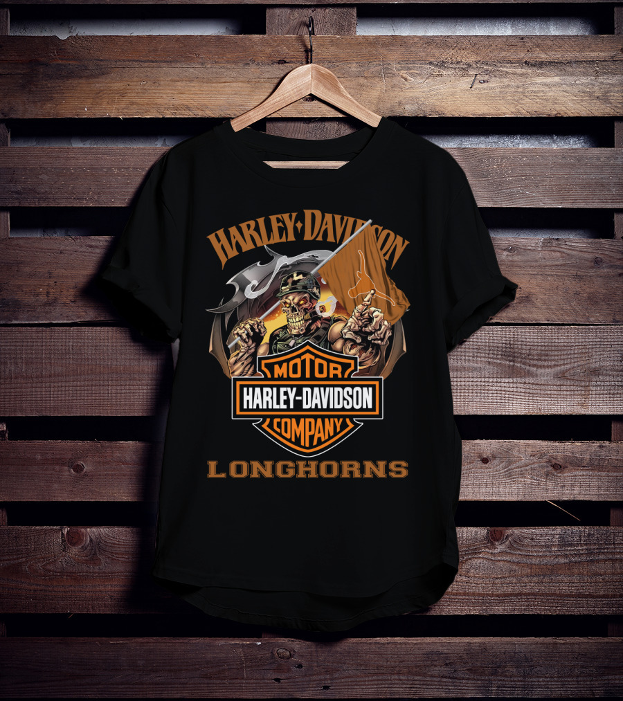 Harley Davidson Longhorns Skeleton With Flag Motor Company T-Shirt
