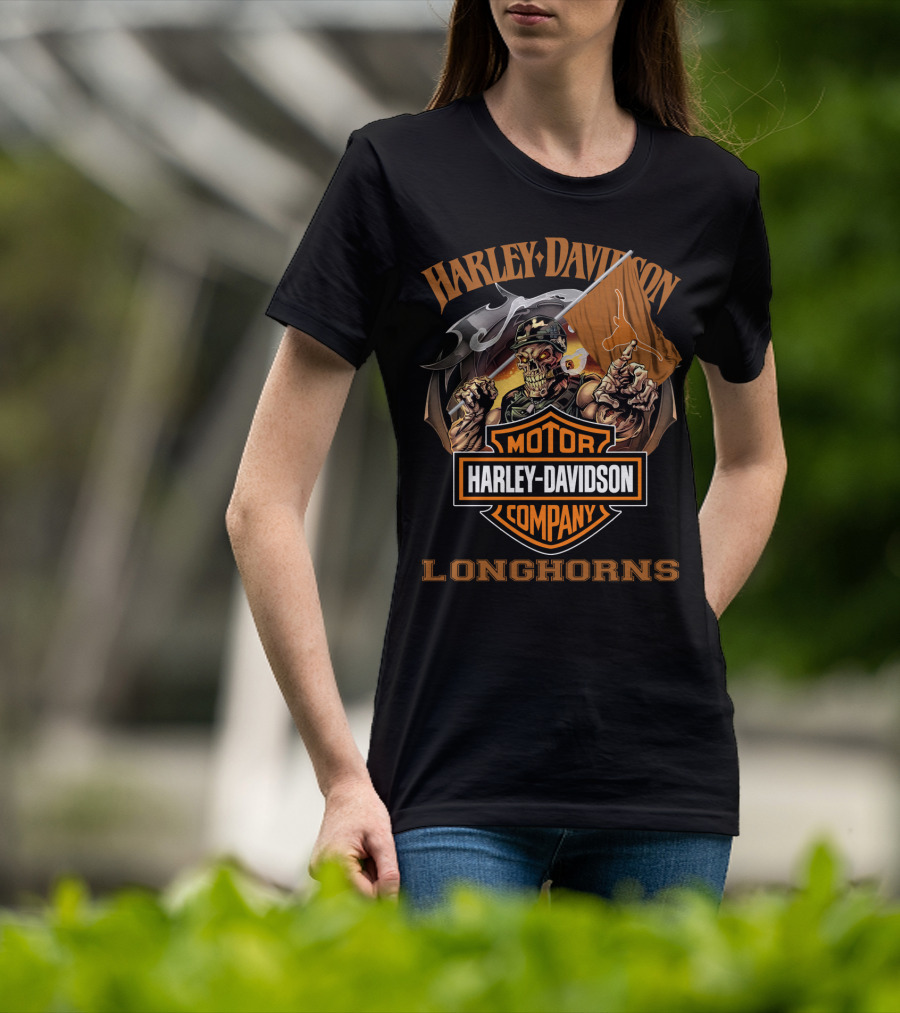 Harley Davidson Longhorns Skeleton With Flag Motor Company T-Shirt