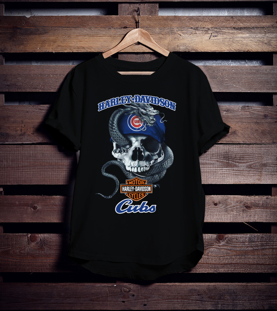 Harley Davidson Motor Cycles Chicago Cubs Skull And Snake T-Shirt