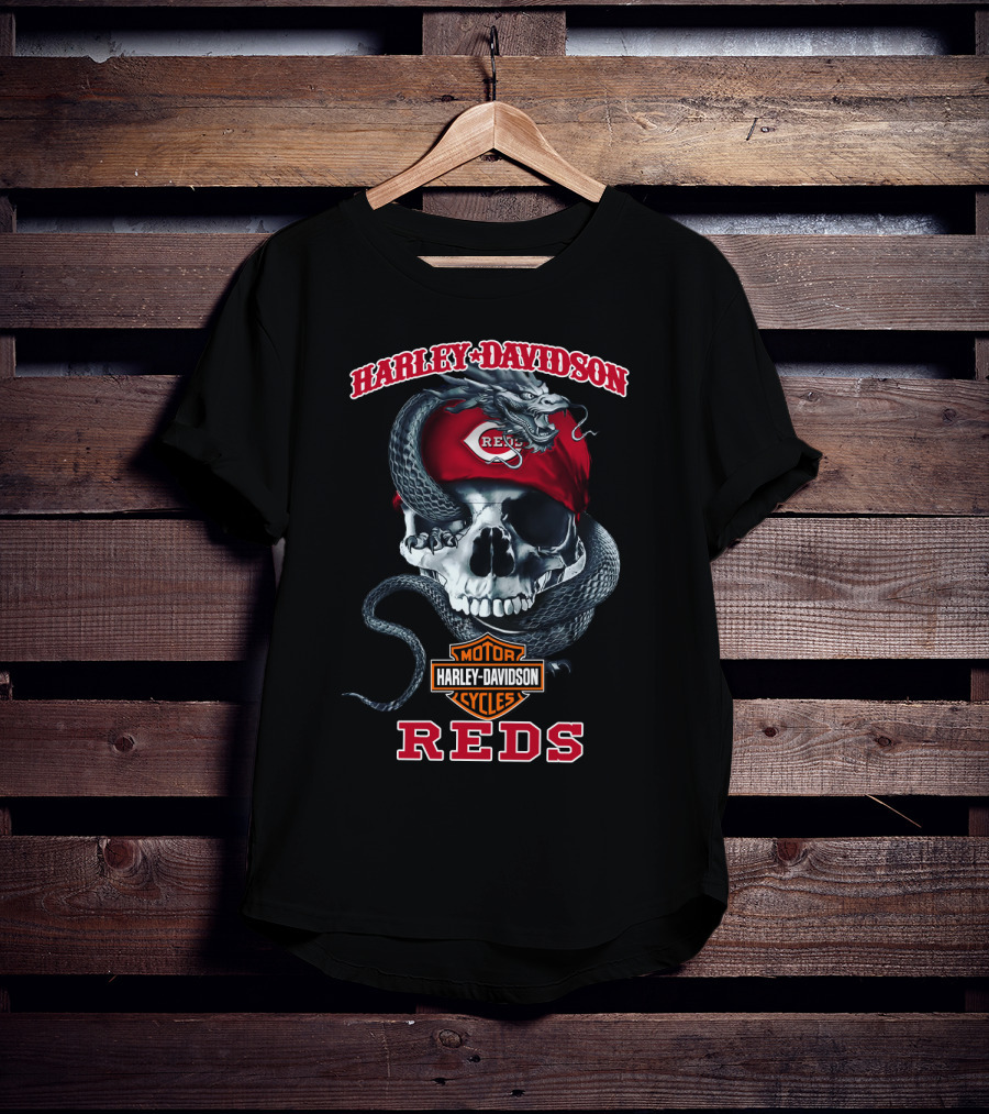 Harley Davidson Motorcycle Cycles Cincinnati Reds Skull And Snake T-Shirt