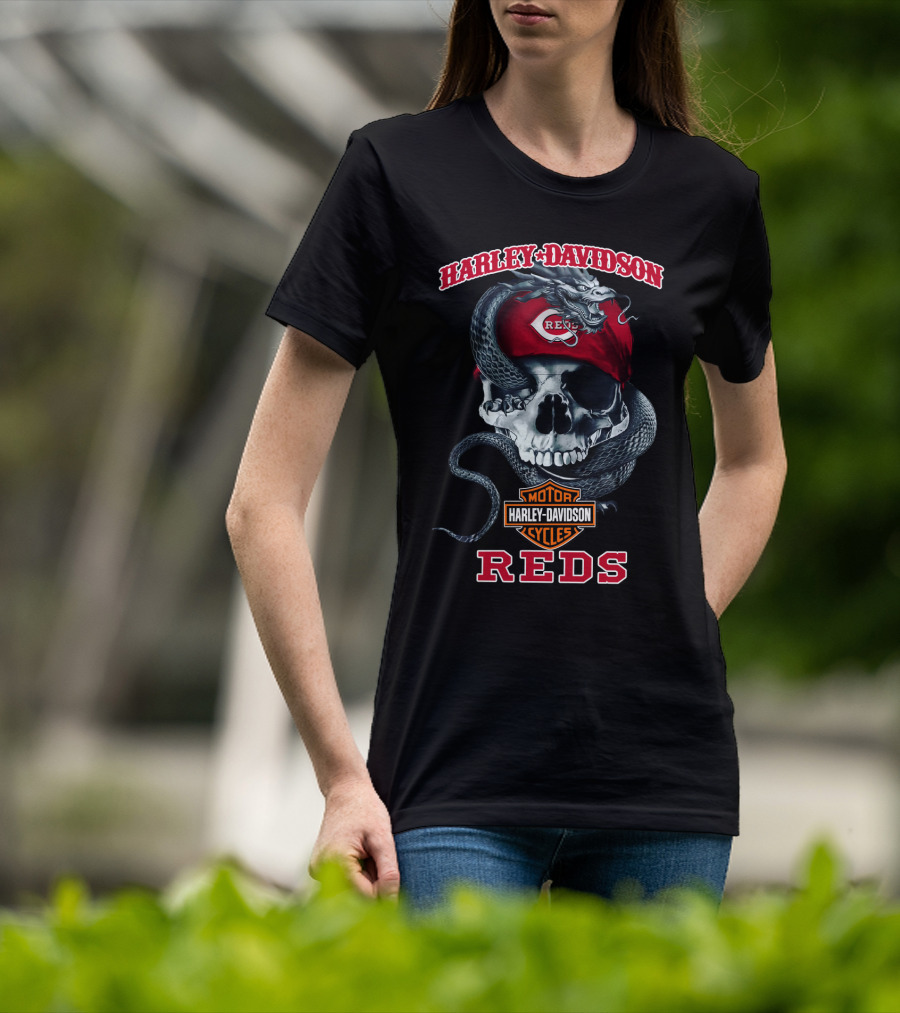 Harley Davidson Motorcycle Cycles Cincinnati Reds Skull And Snake T-Shirt