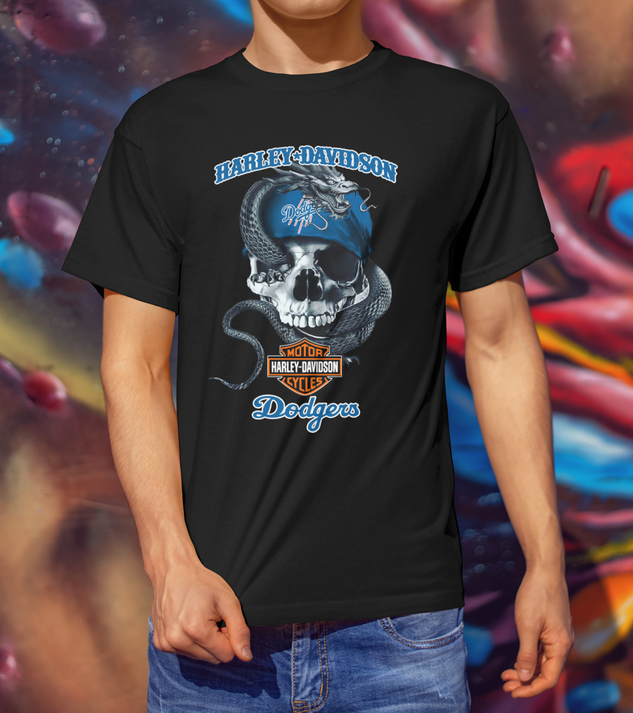 Harley Davidson Dodgers Motor Cycles Skull And Snake T-Shirt