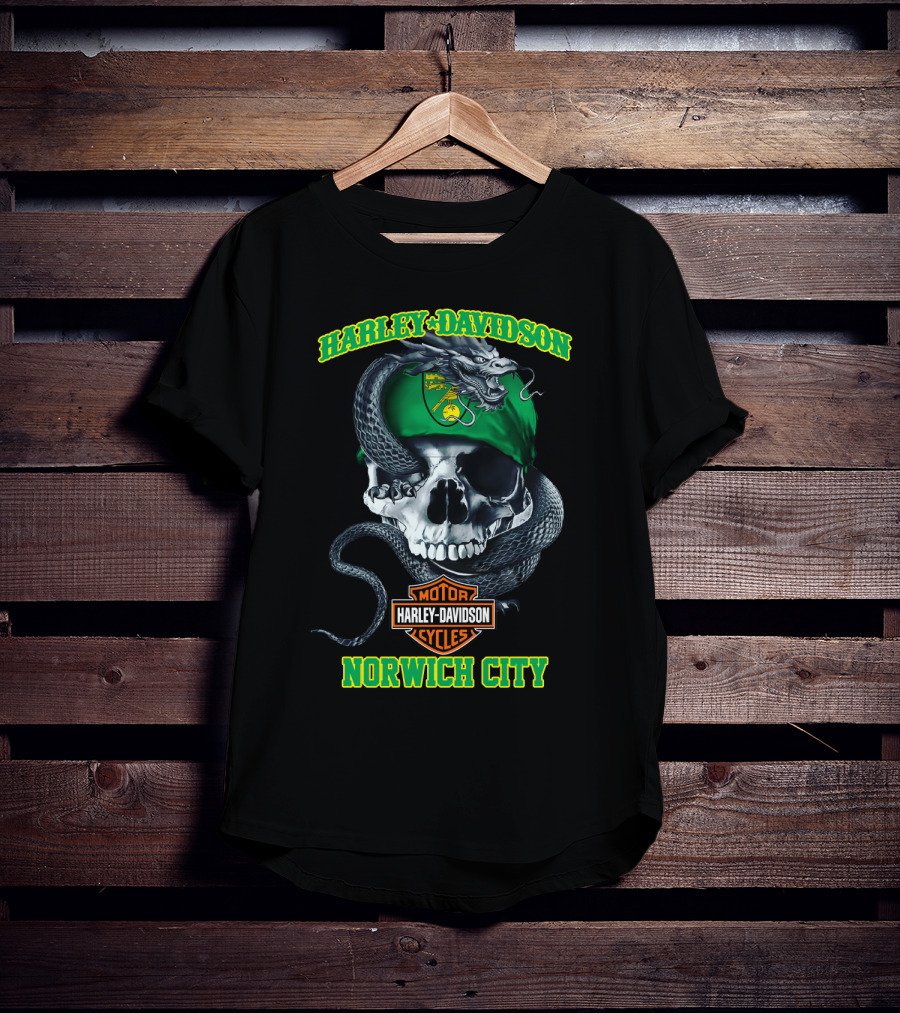 Harley Davidson Motor Cycles Skull Snake Norwich City T-Shirt